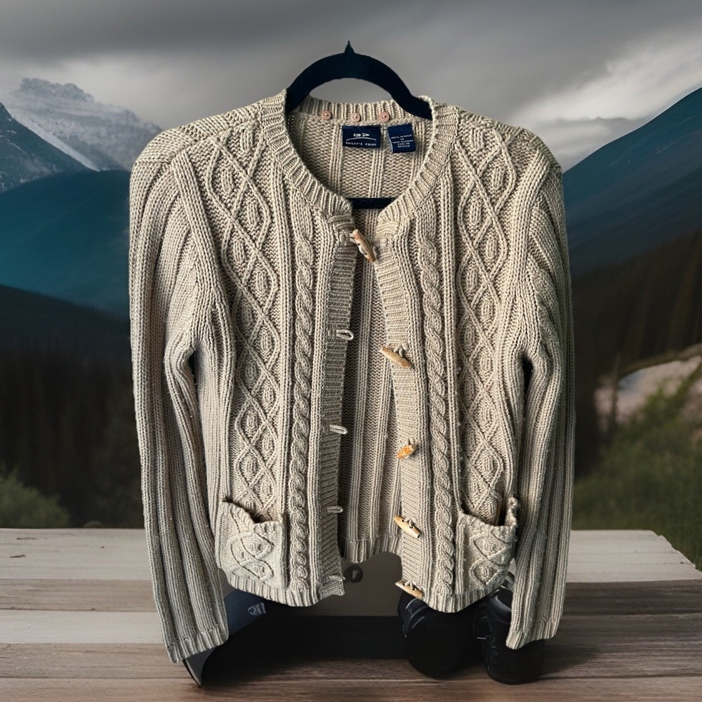 Bailey's Point Vintage Beige Cable-Knit Toggle Cardigan Sweater Women's M